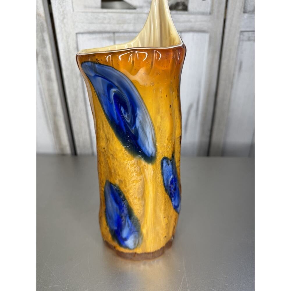 Vintage Murano Tree Art Glass Vase Hand Blown Orange Blue Color Fusion